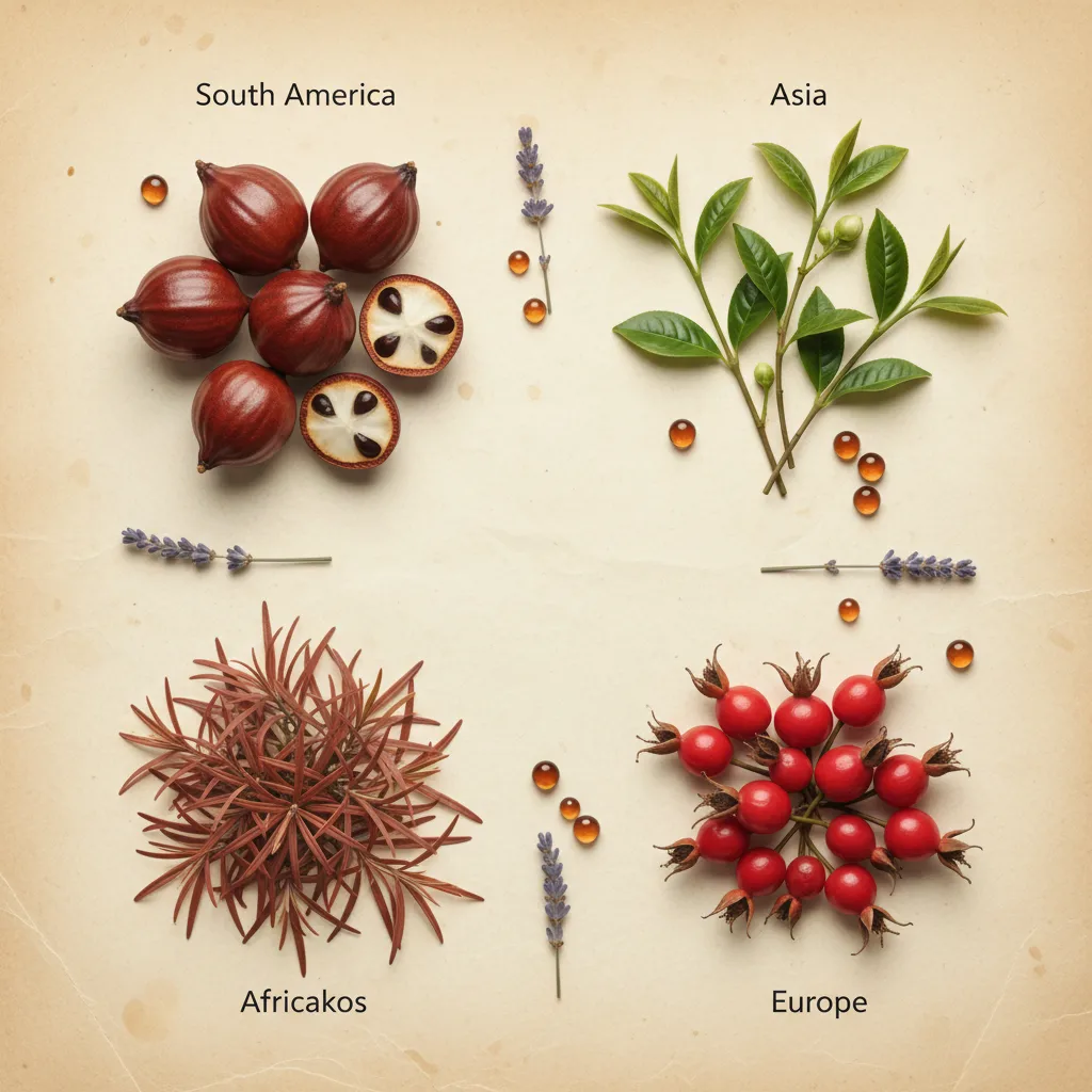 Four grouped botanicals representing guarana, green tea, rooibos and rosehip arranged in quadrants on cream paper