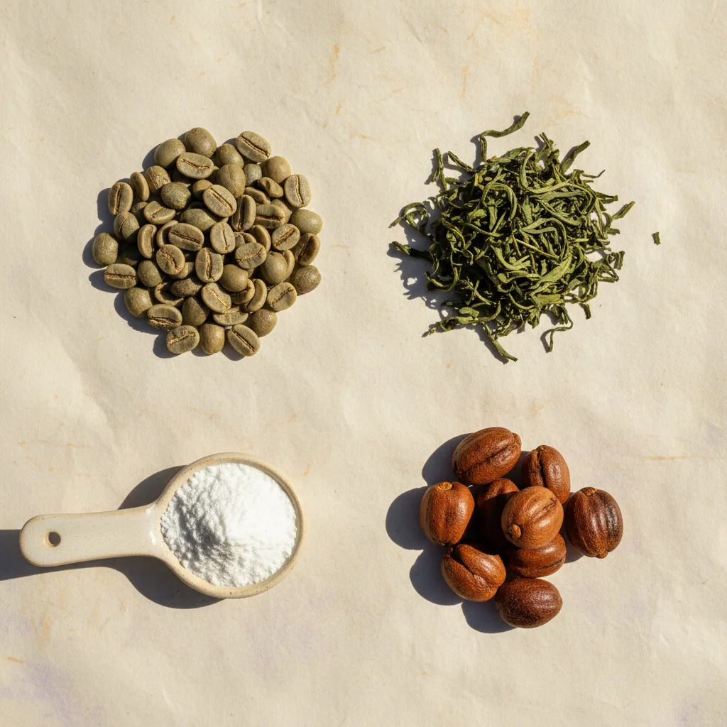 Green coffee beans, green tea leaves, guarana seeds and L-Carnitine arranged on cream linen background