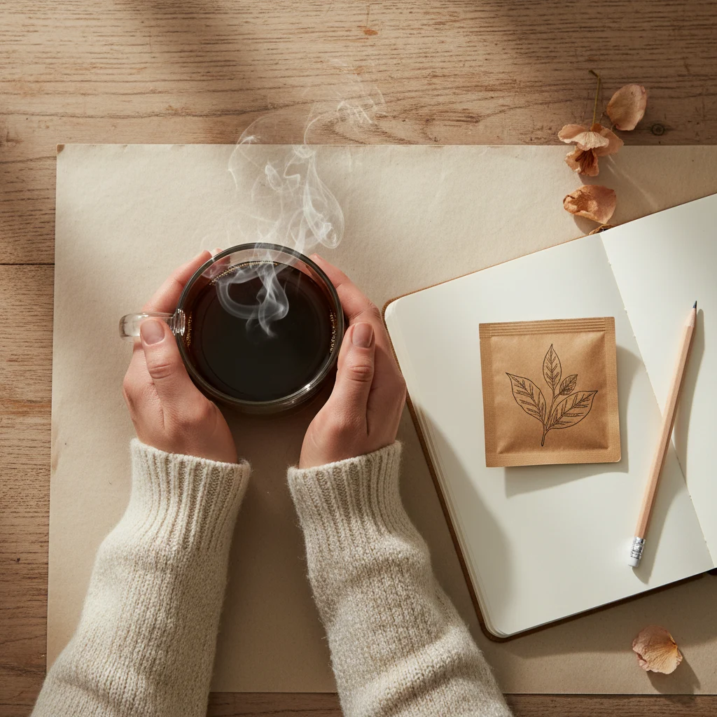 Hands holding a steaming mug on a wooden table with a Wellaray Coffee sachet and notebook, morning light