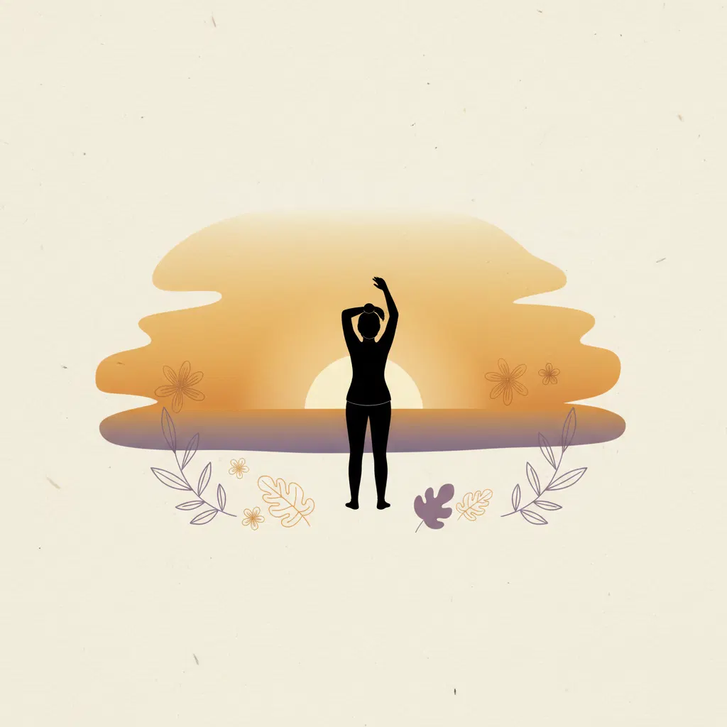 Anonymous silhouette enjoying a morning stretch outdoors, warm sunrise tones, active lifestyle